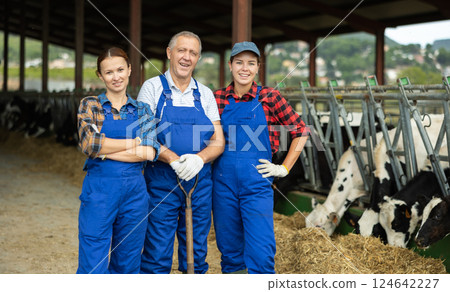 Portrait of three successful farmers at dairy farm with cows in stall in background Portrait of three successful farmers at dairy farm with cows in stall in background 124642227