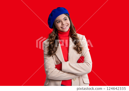 Trendy portrait of fall style. Girl in autumn coat isolated on red. Teen girl wear gloves. Autumn fashion girl. Trendy and stylish teenager girl. Fall fashion style for teen. Parisian chic 124642335