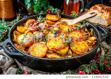Slow-braised farm pork with roasted parsnips and cider sauce in a Dutch oven 124642520