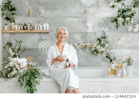 Elderly woman smiling in a modern spa while holding cream by a stylish bathtub 124642524