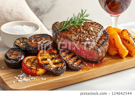 Perfectly grilled steak with vibrant vegetables and red wine on a wooden serving board 124642544