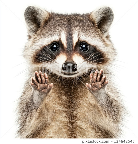 Curious raccoon stands on hind legs with paws raised, engaging directly with the viewer Curious raccoon stands on hind legs with paws raised, engaging directly with the viewer 124642545