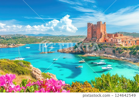 Scenic view of Sardinian coastline featuring ancient Nuragic ruins under a bright sky Scenic view of Sardinian coastline featuring ancient Nuragic ruins under a bright sky 124642549