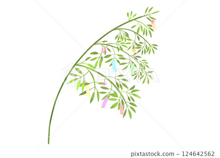 用紙條和裝飾品製成的大型七夕竹子裝飾 124642562