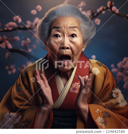 穿著和服、表情驚訝的女人的插圖 穿著和服、表情驚訝的女人的插圖 124642580