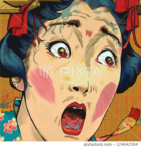 穿著和服、表情驚訝的女人的插圖 穿著和服、表情驚訝的女人的插圖 124642584