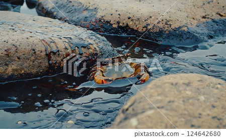 A crab struggling in a tidal pool contaminated with oil, its legs and shell coated in thick black tar, surrounded by polluted water 124642680