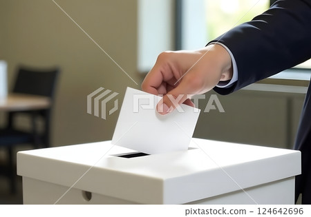 Close up hand throws voting ballot paper in ballot box, concept of a person voting during elections 124642696
