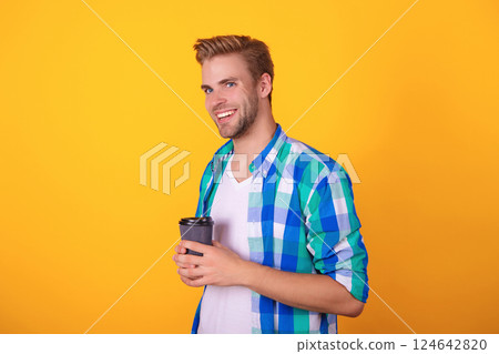 Warm morning. Coffee break at home. Millennial man having coffee cup isolated on yellow. Morning coffee time. Lifestyle concept. Drinking espresso. Man drinking tea. Good vibes 124642820