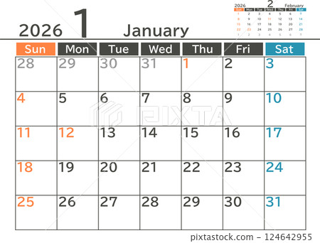 2026 年 1 月的簡單設計月曆材料 124642955
