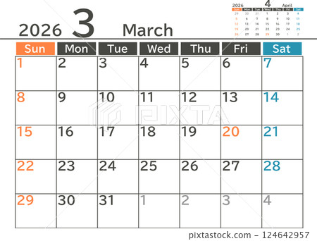 Simple design monthly calendar material for March 2026 124642957