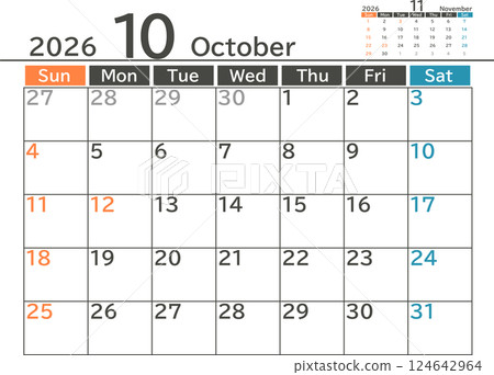 Simple design monthly calendar material for October 2026 124642964