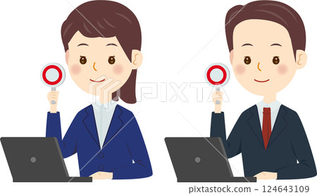 商務 PC 男人和女人拿著圓形鈔票 124643109