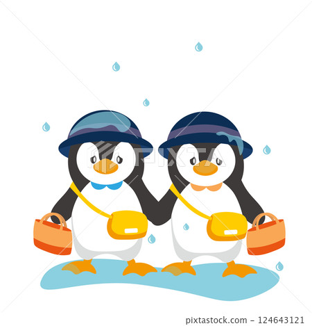 Illustration of a sad penguin child getting wet in the rain 124643121