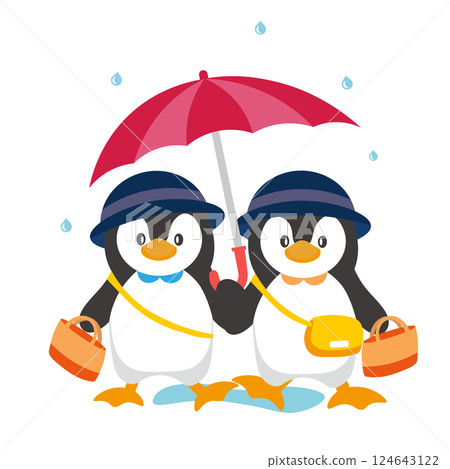 Illustration of a baby penguin walking with an umbrella in the rain Illustration of a baby penguin walking with an umbrella in the rain 124643122