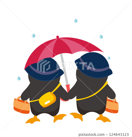 一隻小企鵝撐著傘在雨中行走的插圖 124643123