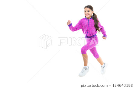 photo of teen sport girl running, banner. teen sport girl running isolated on white. 124643198