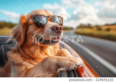 Golden retriever wearing sunglasses enjoying a drive in an open car 124643216