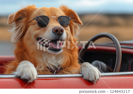 Golden retriever wearing sunglasses enjoying a drive in an open car Golden retriever wearing sunglasses enjoying a drive in an open car 124643217