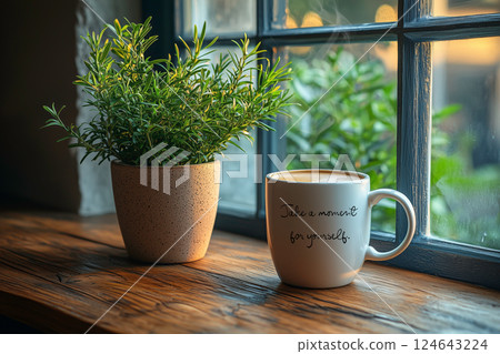 A mug with a self-care message and greenery on the windowsill A mug with a self-care message and greenery on the windowsill 124643224