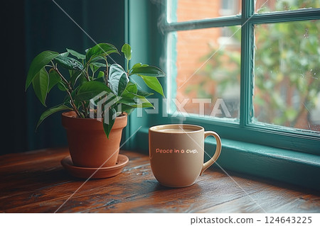 Peaceful words on a cup and greenery by the window 124643225