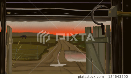 Rural Landscape at Sunset with Rain illustration Rural Landscape at Sunset with Rain illustration 124643390