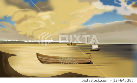 Surreal Seaside Landscape with Boats illustration Surreal Seaside Landscape with Boats illustration 124643395