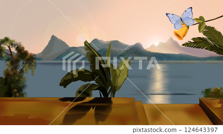 Tropical Sunset with Butterfly illustration Tropical Sunset with Butterfly illustration 124643397