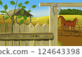 Wooden Farm Gate with Horses in Paddock illustration 124643398