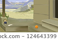 Abandoned Doll and Orange Ball on Steps illustration 124643399