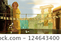 Ancient Ruins with Rope Bridge Over Water illustration 124643400