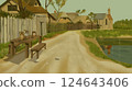 Quaint Village Scene with Rustic Fence and Church illustration 124643406