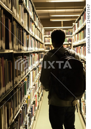 Back view of a male student with backpack in a library. The back of a male student reveals his passion for education as he studies the vast collection of books around him. 124643547
