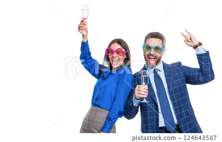 Business partners celebrating success cheering champagne. Party fun. Businesspeople have fun together in corporate party. Celebrate especial event. Corporate anniversary party. Copy space 124643587