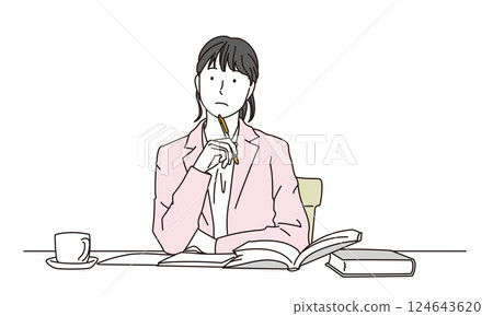 Illustration of a woman thinking at her desk Illustration of a woman thinking at her desk 124643620