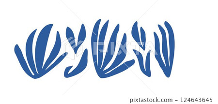 Seaweed silhouette of hand drawn doodle illustration. Underwater sea life summer holiday. Blue seaweed, algae design element set Seaweed silhouette of hand drawn doodle illustration. Underwater sea life summer holiday. Blue seaweed, algae design element set 124643645