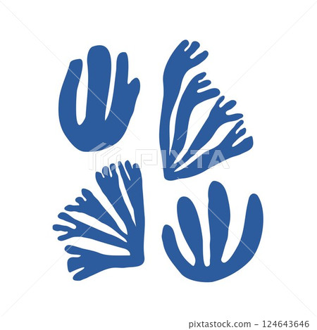 Seaweed silhouette of hand drawn doodle illustration. Underwater sea life summer holiday. Blue seaweed, algae design element set 124643646
