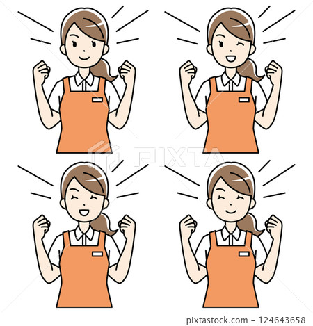 一名身穿圍裙的年輕女子舉起拳頭的插圖 124643658