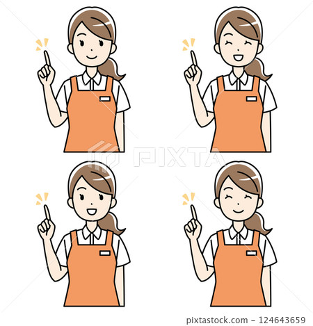 一名身穿圍裙的女子微笑著向上指的插圖 一名身穿圍裙的女子微笑著向上指的插圖 124643659