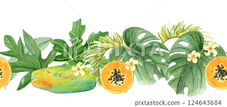 Papaya, monstera leaf tropical foliage, flowers watercolor seamless border isolated on white. Hand drawn illustration perfect for cards, banners, tape, textile, stationary design. Exotic plant clipart Papaya, monstera leaf tropical foliage, flowers watercolor seamless border isolated on white. Hand drawn illustration perfect for cards, banners, tape, textile, stationary design. Exotic plant clipart 124643684