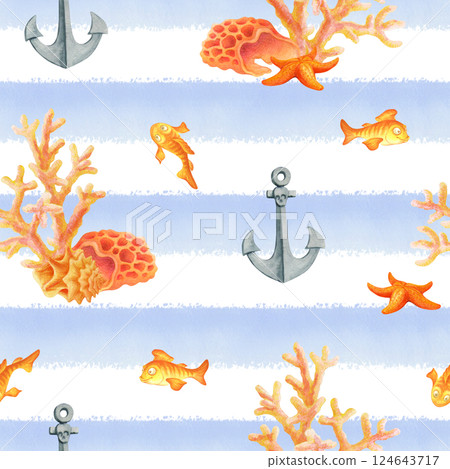 Underwater world. Seamless pattern with fish, anchors, seashells, starfish and corals on blue and white striped background. Simple design for summer fabric or wallpaper in marine style Underwater world. Seamless pattern with fish, anchors, seashells, starfish and corals on blue and white striped background. Simple design for summer fabric or wallpaper in marine style 124643717