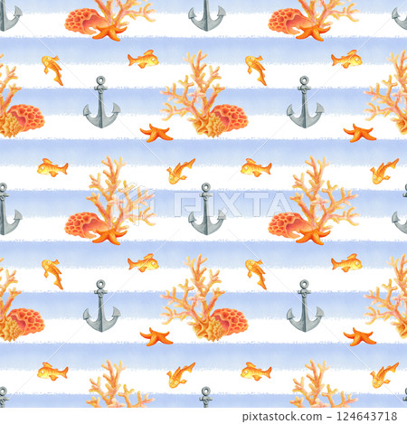 Underwater world. Watercolor seamless pattern with fish, anchors, seashells, starfish and corals on blue and white striped background. Simple design for summer fabric or wallpaper in marine style Underwater world. Watercolor seamless pattern with fish, anchors, seashells, starfish and corals on blue and white striped background. Simple design for summer fabric or wallpaper in marine style 124643718