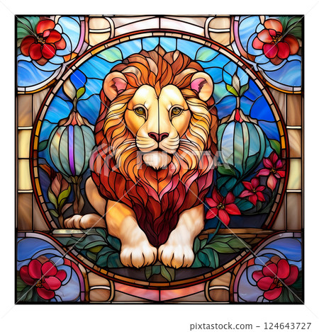獅子與花朵彩色玻璃 3 / 傳單和海報材料 124643727