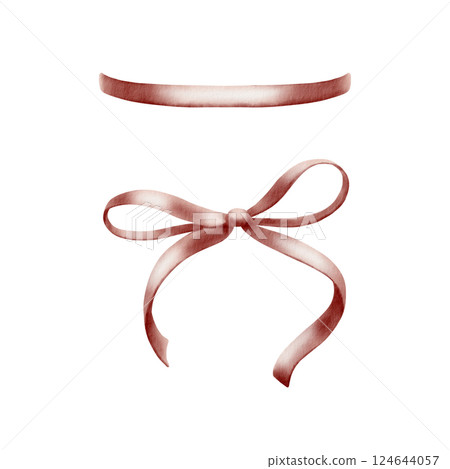 Silk ribbon bow in oxidized cherry color. Watercolor illustration with realistic folds and satin sheen,isolated on white. For luxury packaging,birthday ,wedding paper goods, fashion branding. 124644057