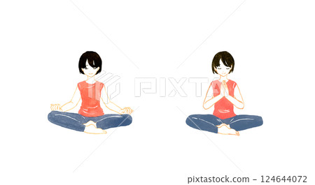 一群婦女閉著眼睛冥想。瑜珈和伸展運動的手繪水彩插圖 124644072