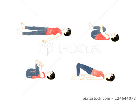 一群仰臥做瑜珈的婦女手繪水彩繪瑜珈和伸展運動 124644078