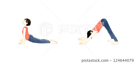 女人做上犬式和下犬式瑜珈伸展手繪水彩畫 124644079
