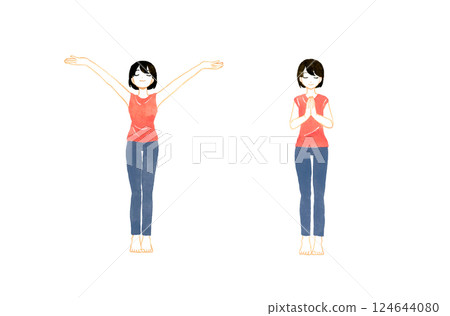 一組女性直立深呼吸並雙手合十 - 手繪瑜伽和伸展運動的水彩插圖 124644080