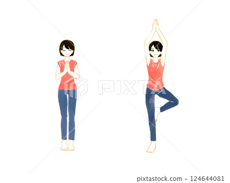 Woman doing the standing tree pose (Vrksasana) Yoga stretching hand-drawn watercolor illustration Woman doing the standing tree pose (Vrksasana) Yoga stretching hand-drawn watercolor illustration 124644081