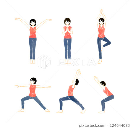一組站立的瑜珈姿勢一位年輕女子的手繪水彩插圖 124644083